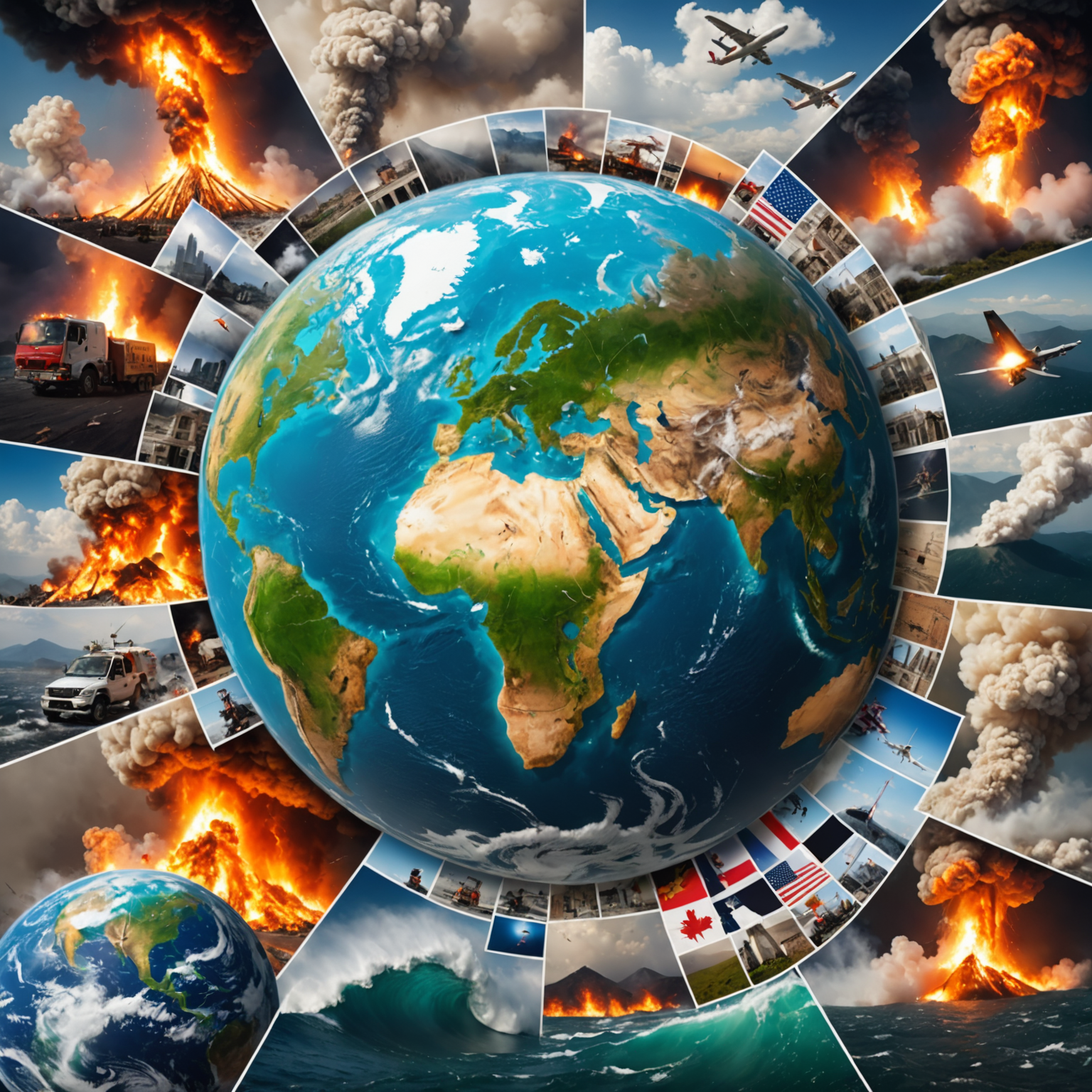 A collage of global events including natural disasters, political summits, and technological breakthroughs, symbolizing the latest breaking news from around the world