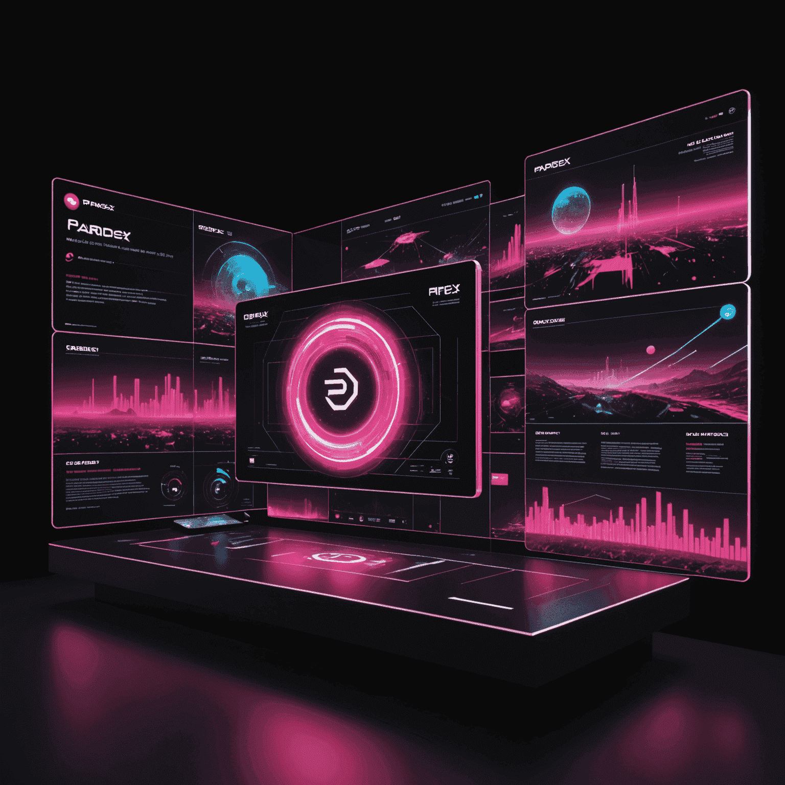 A futuristic digital landscape with floating holographic screens displaying Paradex logo and data visualizations. The image showcases a blend of red, pink, and white elements against a black background, symbolizing the cutting-edge nature of Paradex technology.