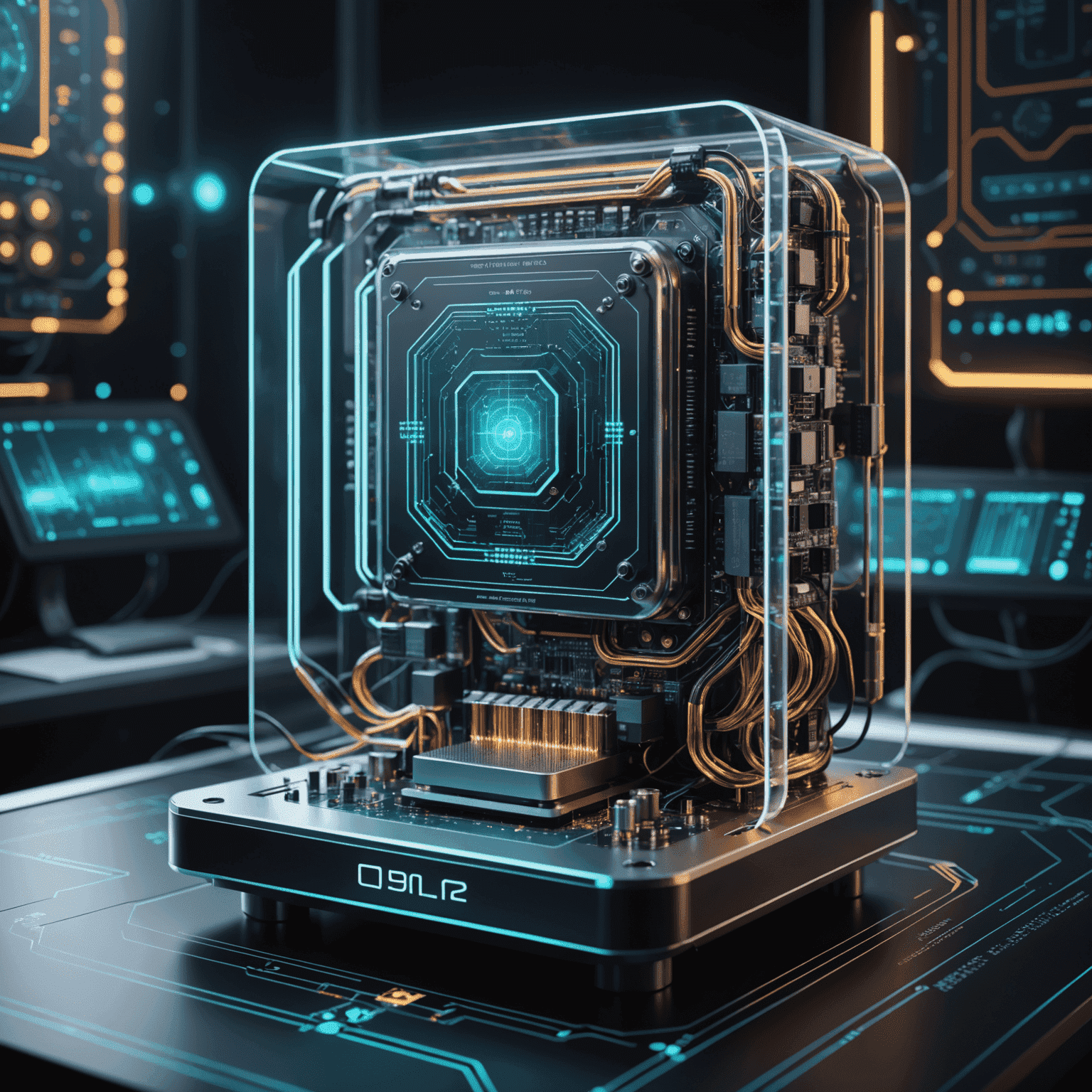A futuristic quantum computer with glowing circuits and a holographic display showing complex calculations
