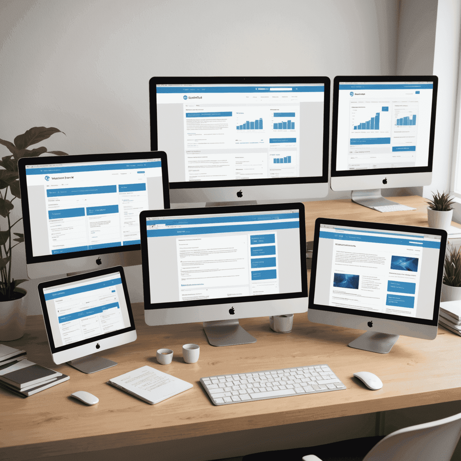 Web development illustration showing computer screens with code and website layouts