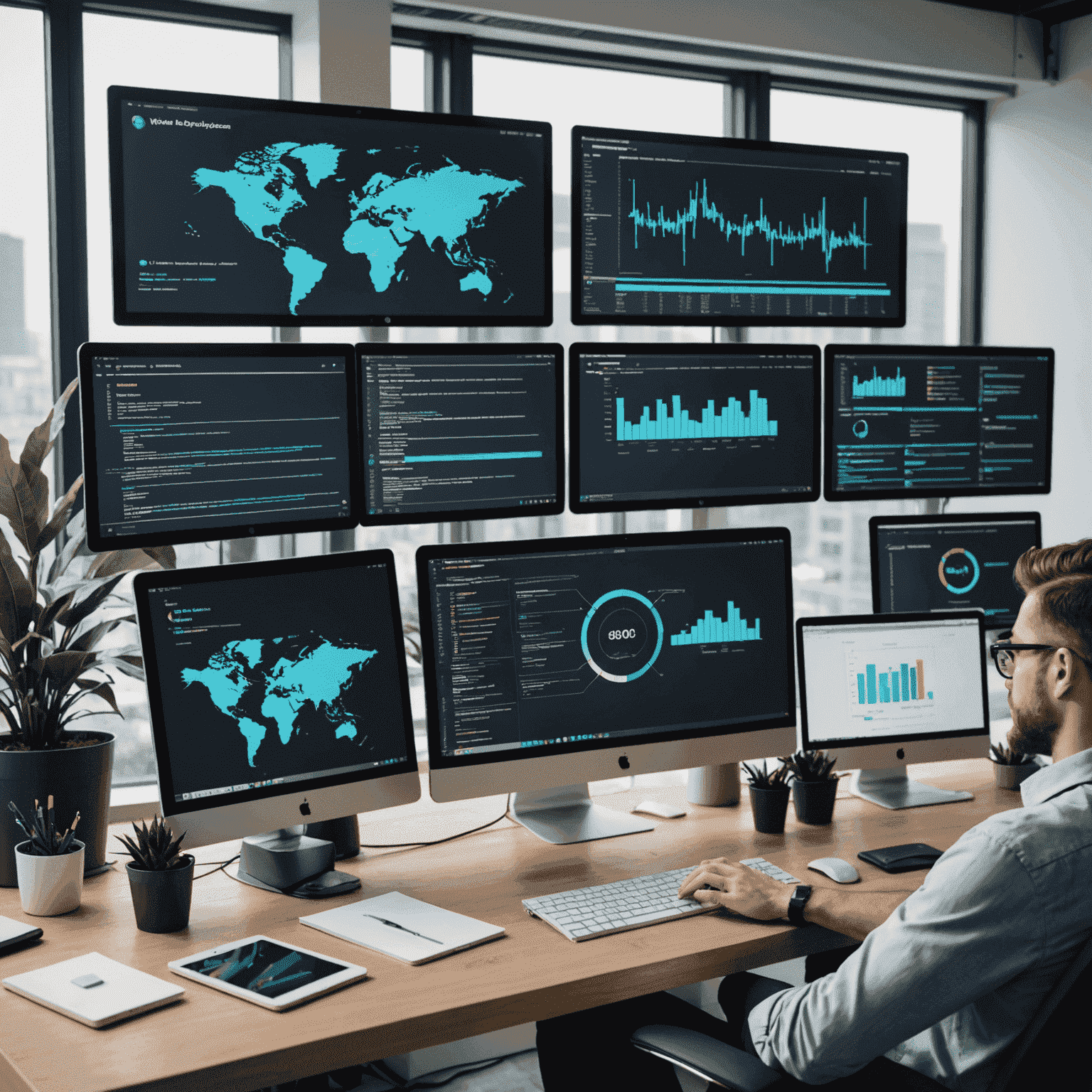 A modern workspace with multiple screens showing various stages of web development, including coding, design, and testing. The image conveys a sense of professionalism and cutting-edge technology.