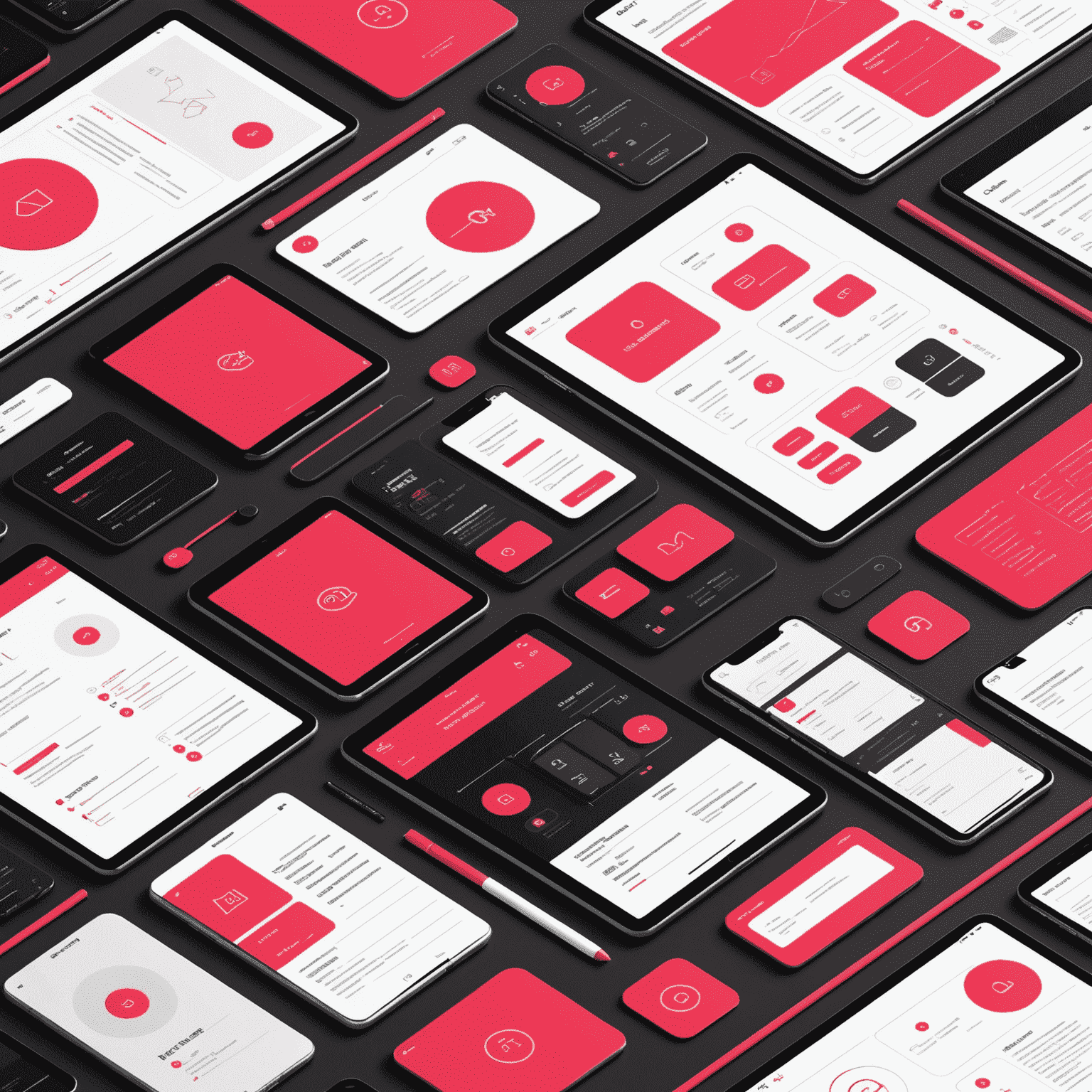A stylized illustration showcasing various UI/UX design elements such as wireframes, user flow diagrams, and interface mockups. The image uses a combination of red, pink, black, and white colors to represent the design process.