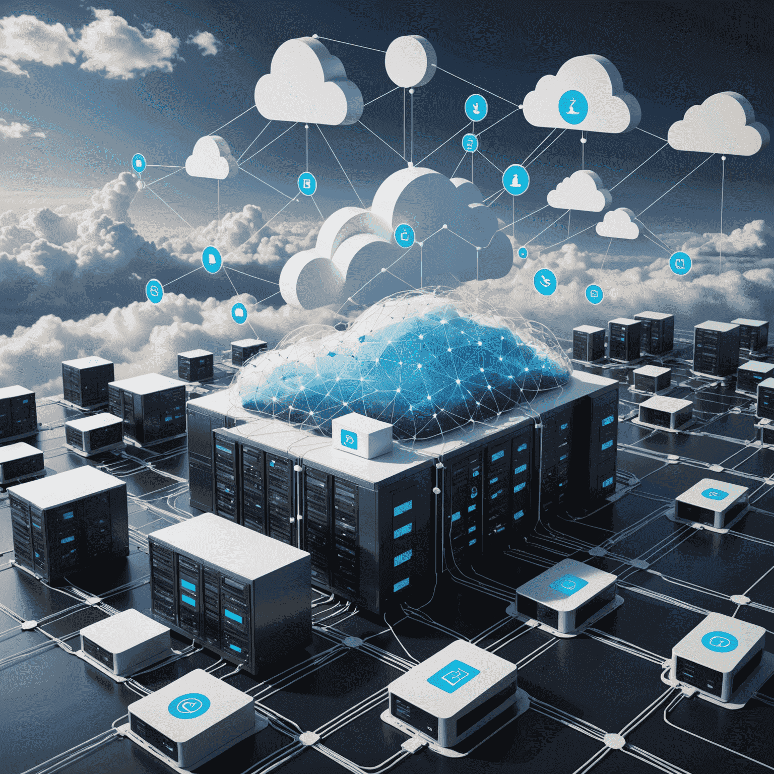 A visual representation of cloud infrastructure with interconnected servers, data centers, and client devices. The image showcases a network of cloud symbols connected by lines, representing data flow and scalability.
