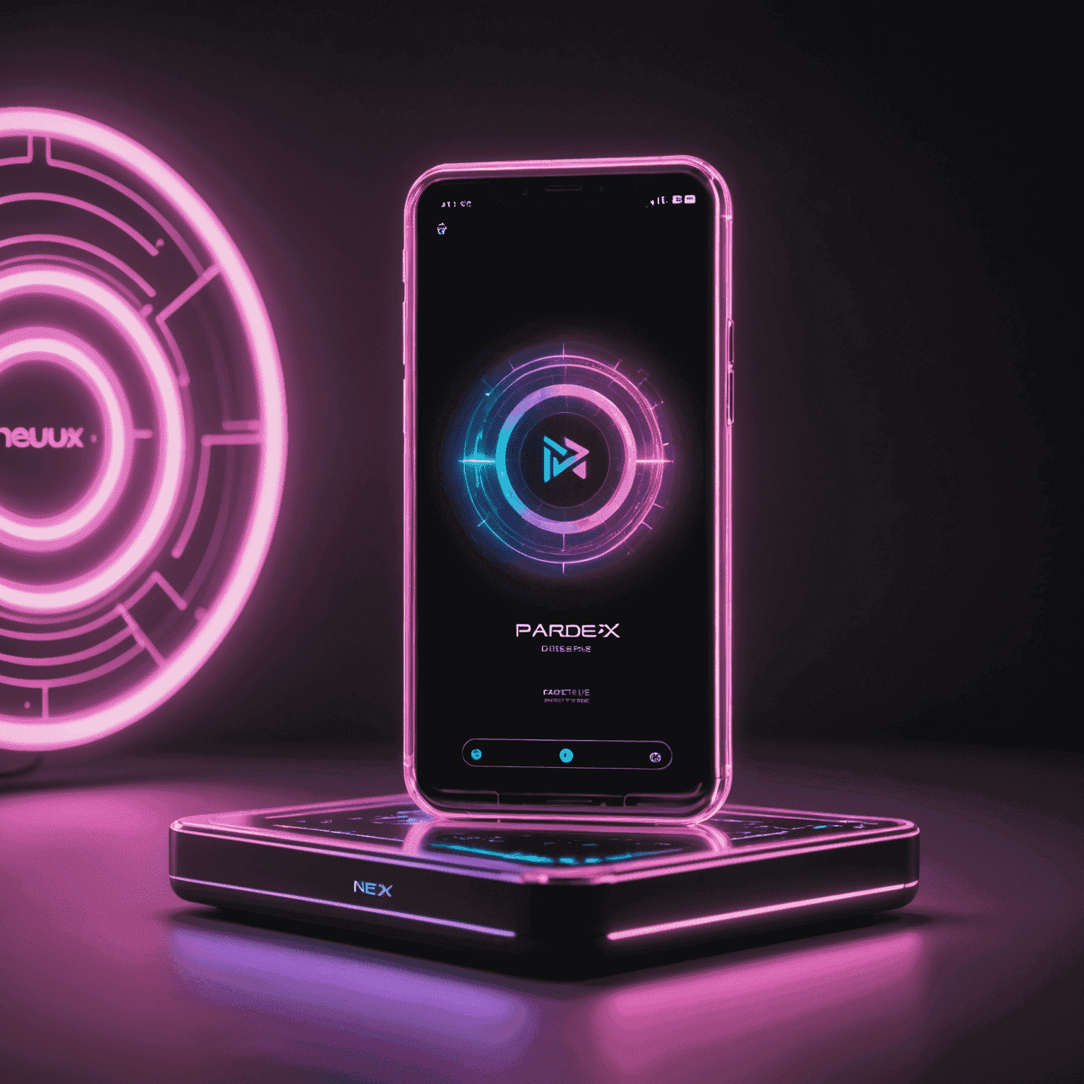 A sleek, futuristic device with the Paradex logo, emitting a soft pink glow. The device is shown processing multiple holographic data streams, visualizing the power of The Nexus.