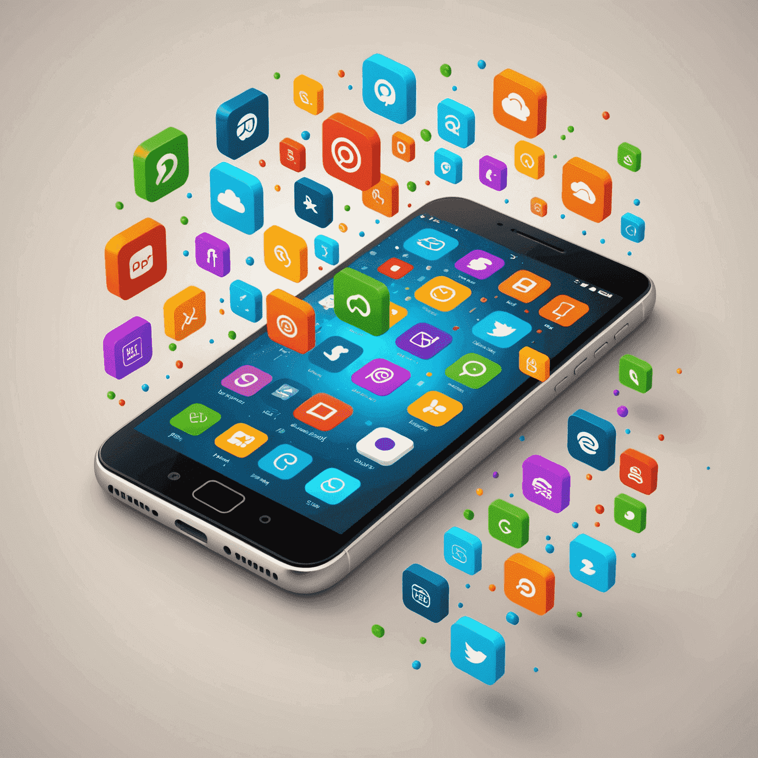 Mobile app development concept with smartphone and app icons floating around