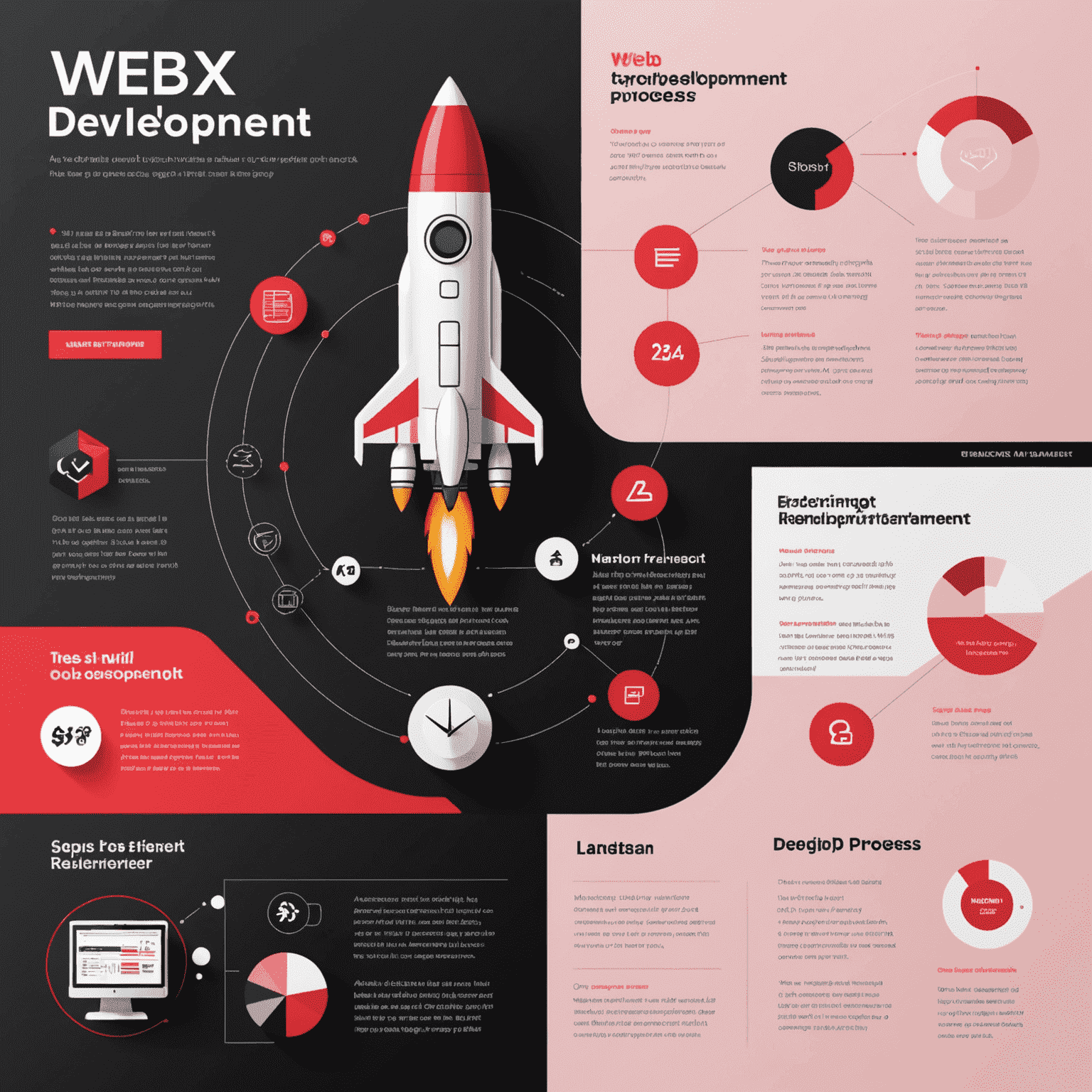An infographic showing the web development process at Paradex, including stages like planning, design, development, testing, and launch. The image uses the company's red, pink, black, and white color scheme.