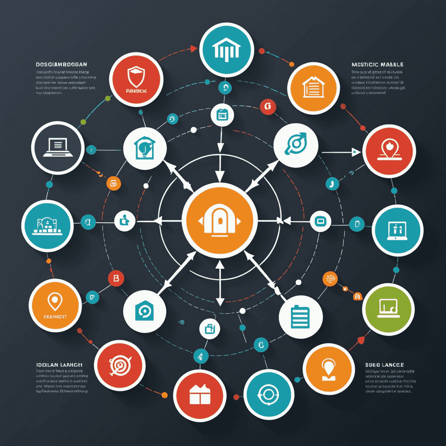 An infographic showing the Paradex mobile app development process. The image displays a circular flow diagram with icons representing each stage: ideation, design, development, testing, and launch. Each step is connected with animated arrows, emphasizing the iterative nature of the process.