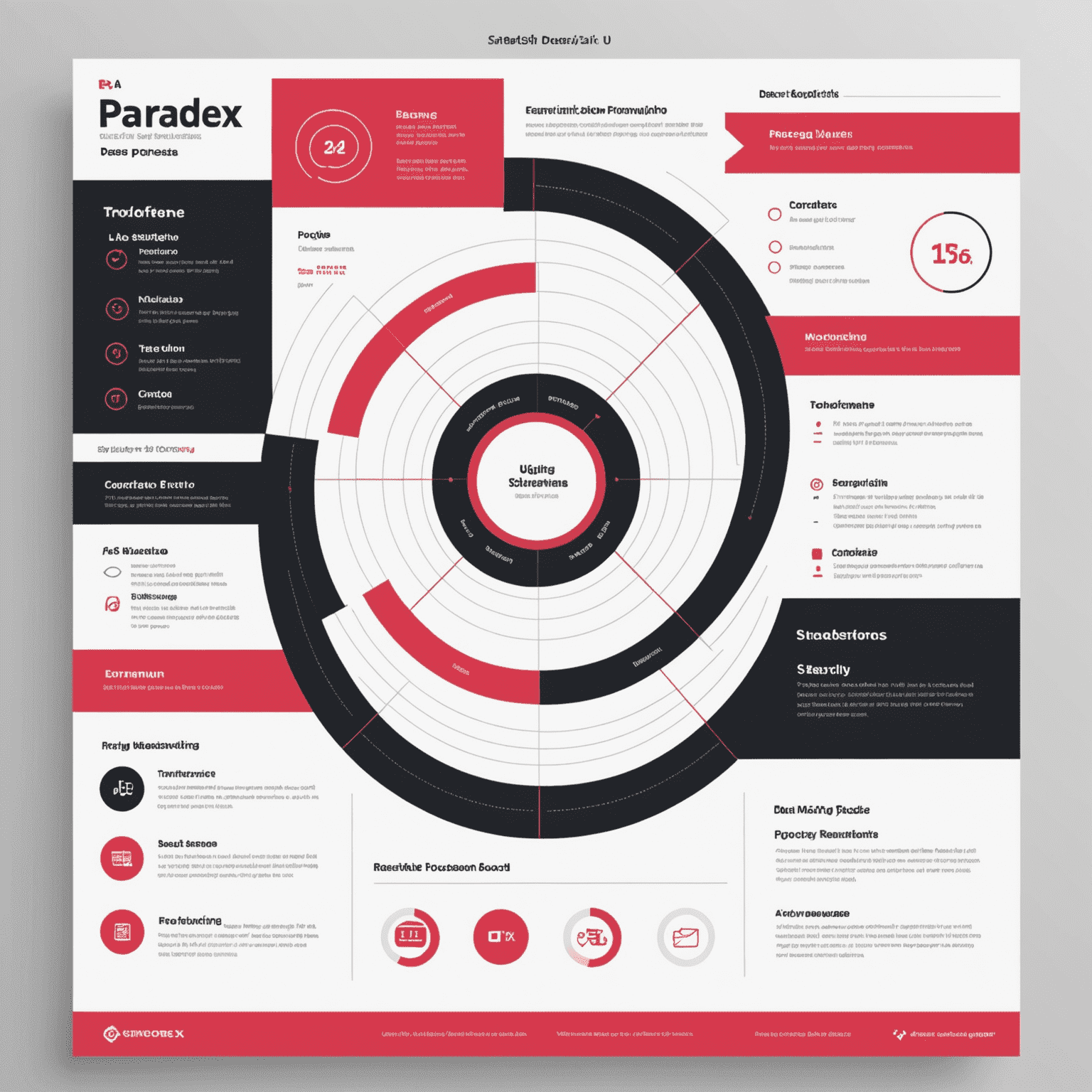 An infographic showing the Paradex UI/UX design process, including stages like research, wireframing, prototyping, and testing. The image uses a sleek design with red, pink, black, and white color scheme.