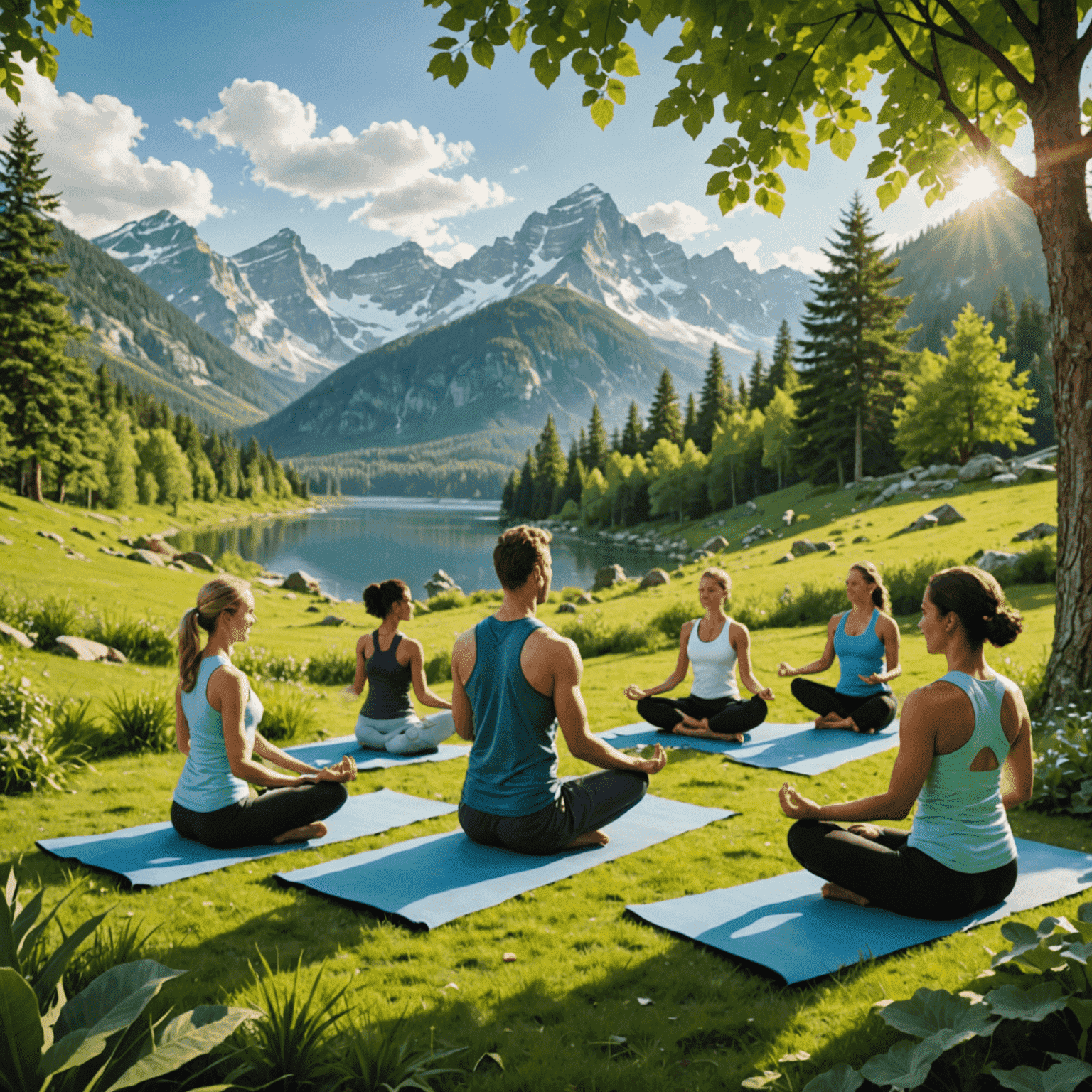 A serene nature scene with people practicing yoga, eating healthy food, and engaging in various wellness activities