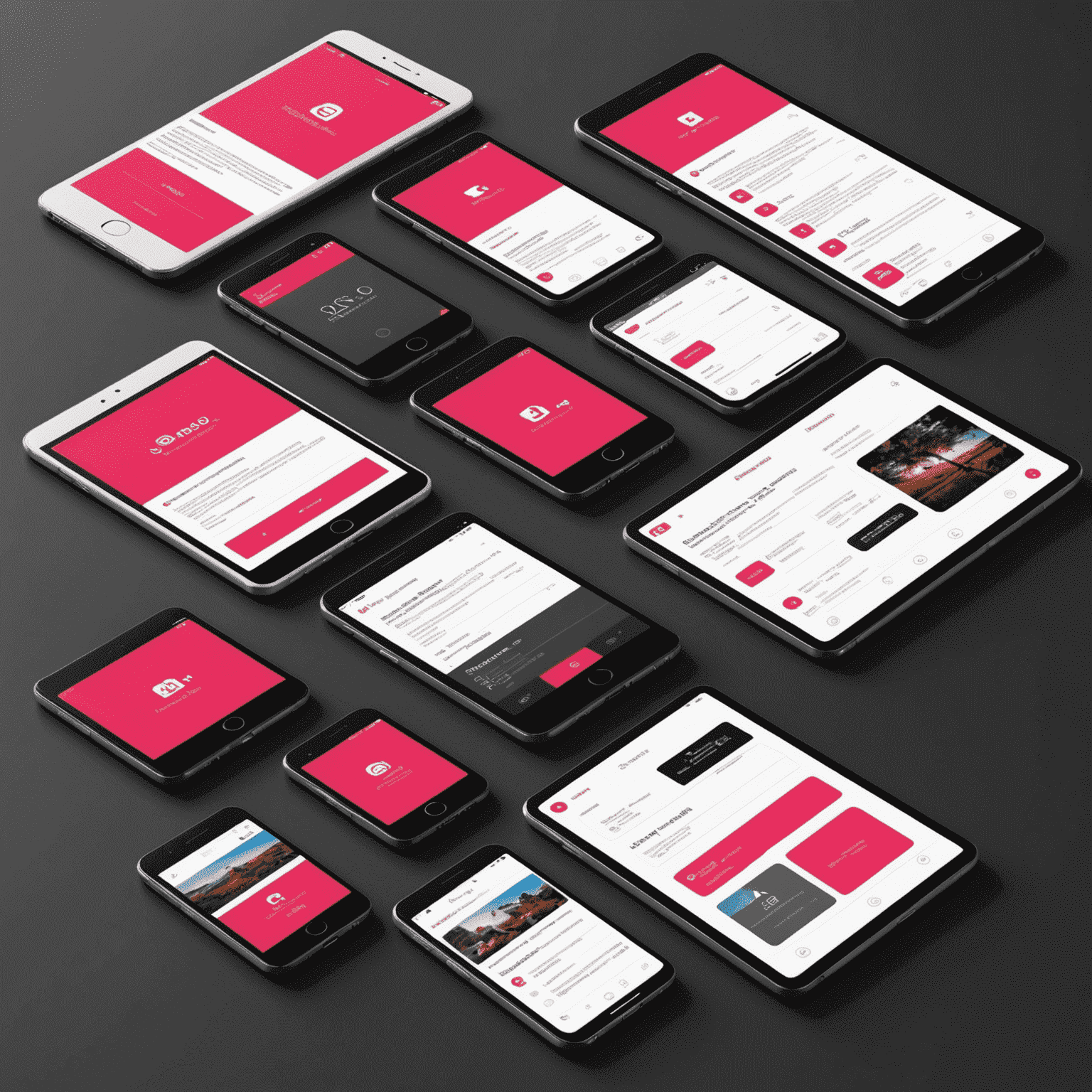 A collection of mobile devices (smartphones and tablets) displaying various screens of a Paradex-developed app. The screens showcase different features and functionalities, all adhering to a cohesive design language that incorporates red, pink, black, and white elements.