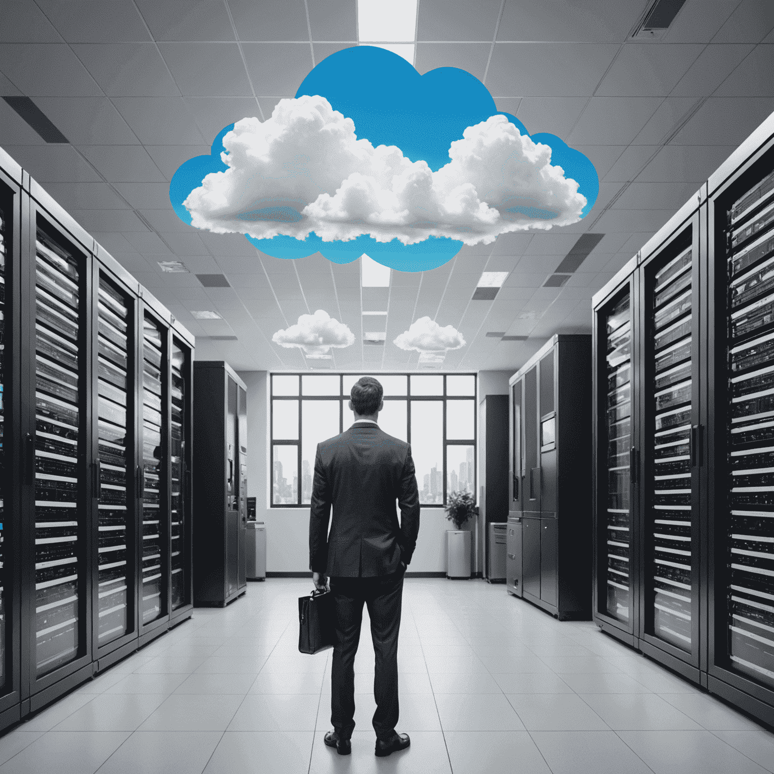 A before-and-after comparison of business operations. The 'before' side shows traditional on-premise infrastructure, while the 'after' side illustrates a streamlined, efficient cloud-based system with improved connectivity and performance indicators.