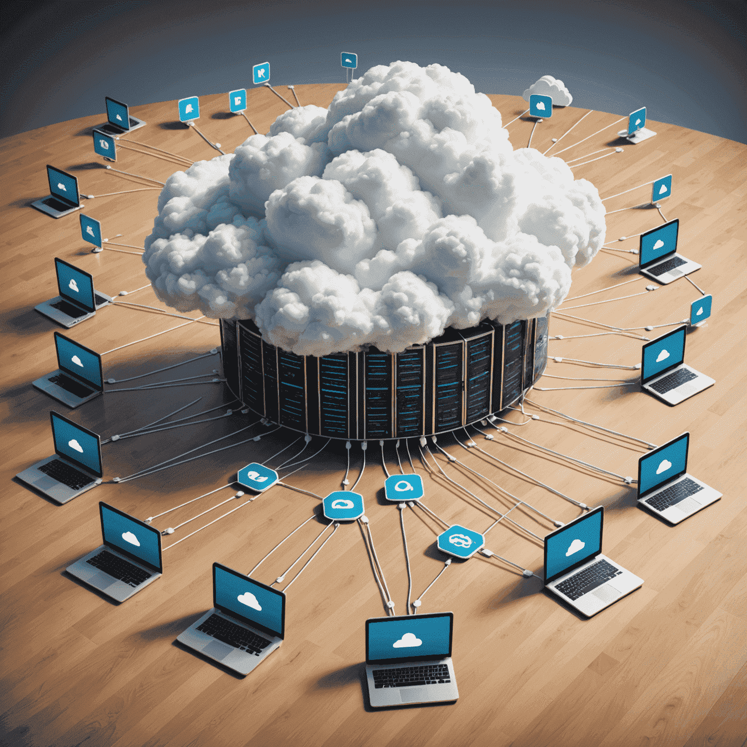 Cloud computing illustration with servers and cloud icons connected by network lines