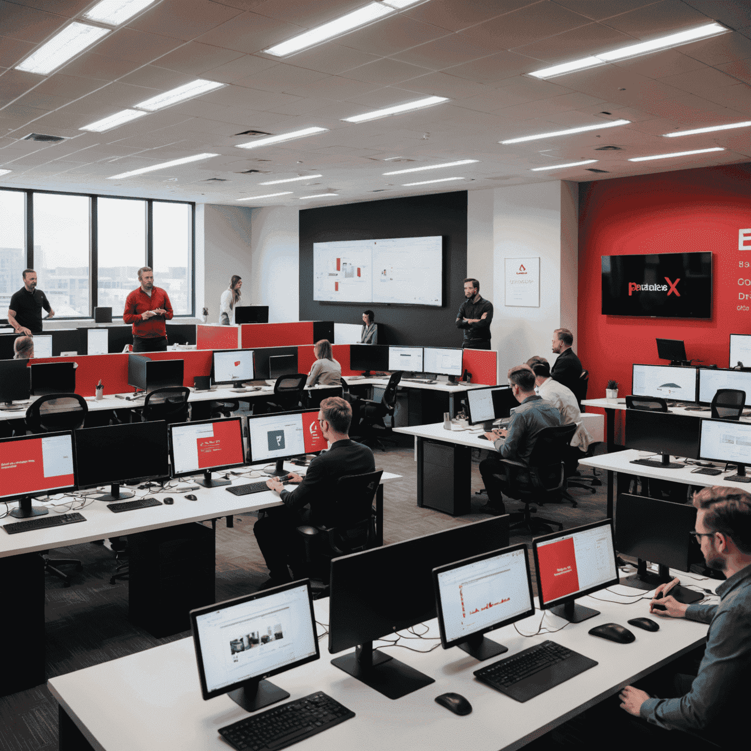 A panoramic view of the Paradex development team working collaboratively in a modern office space. The image shows developers and designers gathered around large screens, discussing app designs and code. The office decor incorporates the Paradex brand colors of red, pink, black, and white.