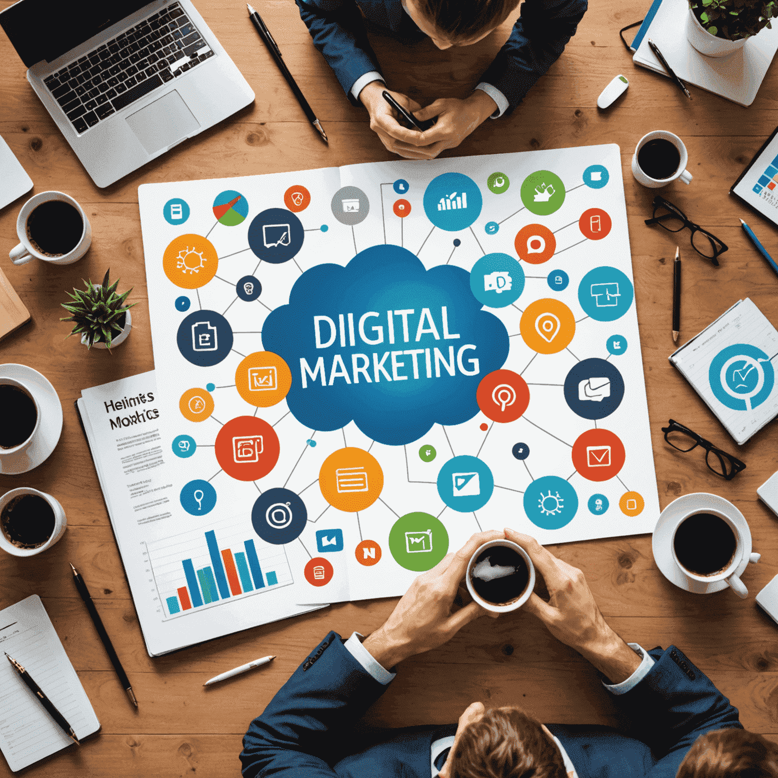 Digital marketing concept with various online platforms and analytics graphs